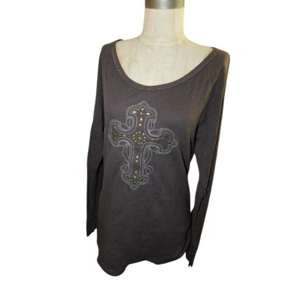 Roper Size L Large Waffle Knit Scoop Neck Western Style Cross Shirt Top - Picture 2 of 2